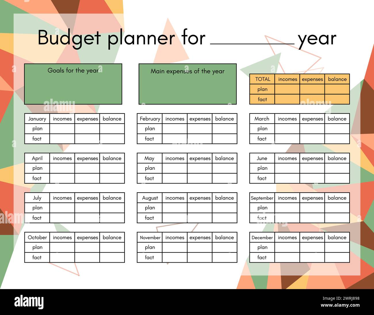 Pagina modello annuale di pianificazione del budget. Piano finanziario di redditi, spese e risparmi in anno. Il denaro contabilizza la famiglia o l'azienda Illustrazione Vettoriale