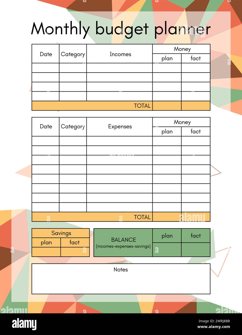 Pagina modello mensile di pianificazione del budget. Piano finanziario di redditi, spese e risparmi in un mese. Il denaro contabilizza la famiglia o l'azienda Illustrazione Vettoriale