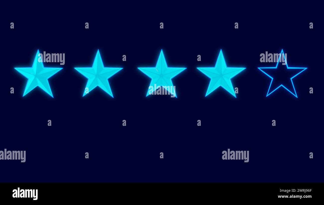 Ottima qualità eccellente concetto di servizio clienti. quattro stelle al neon isolate su sfondo blu scuro. Design moderno del telaio a filo 8kIllumination. Foto Stock