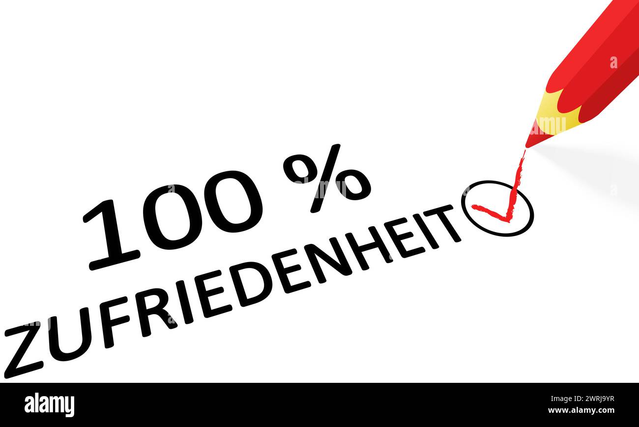 Red disegno a matita del gancio e il testo 100% soddisfazione (in tedesco) Illustrazione Vettoriale