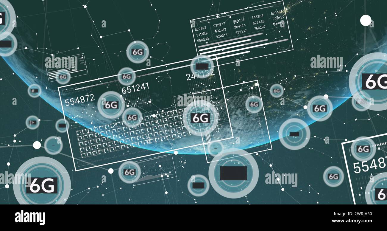 Immagine della rete di testo 5g e 6g su globo Foto Stock