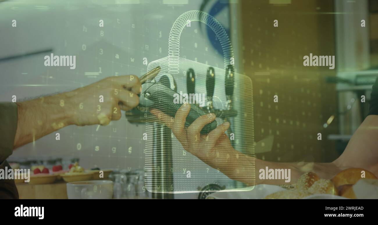 Immagine del lucchetto di sicurezza della rete sulle persone che utilizzano il terminale di pagamento Foto Stock