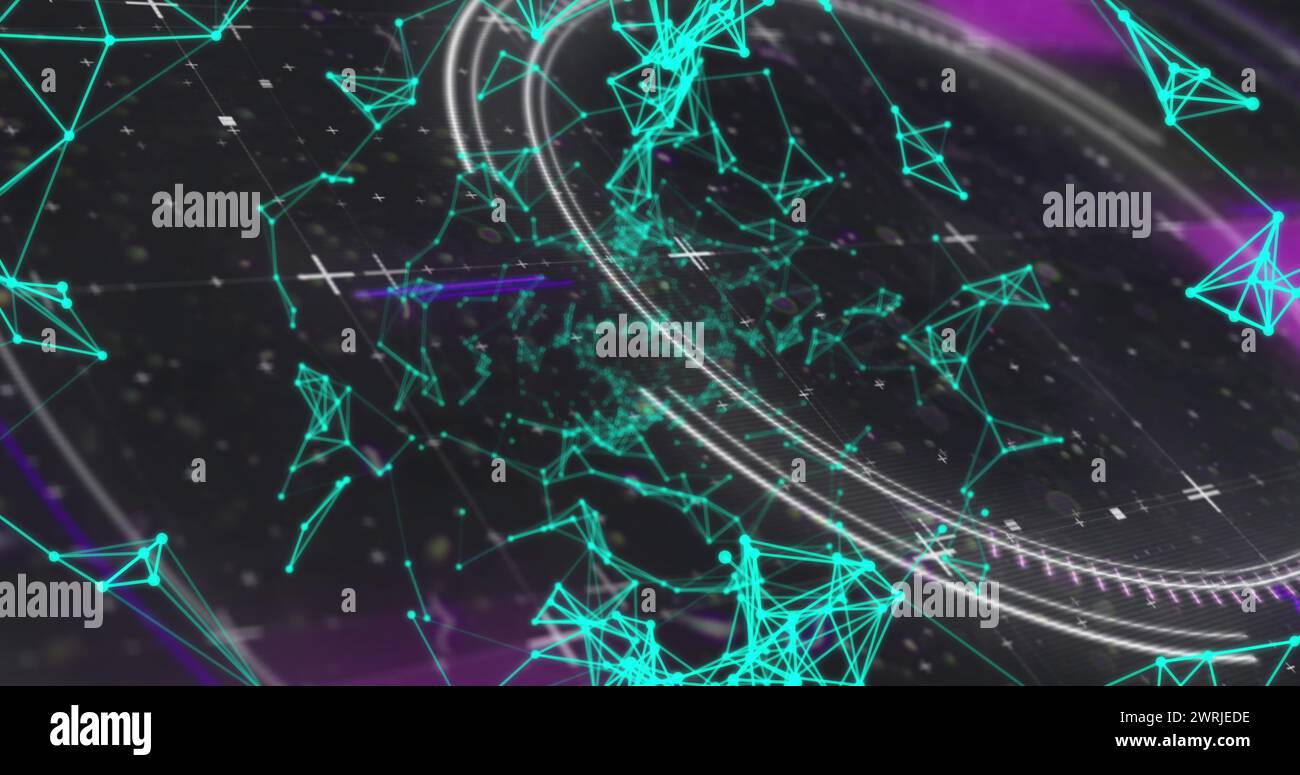 Le connessioni digitali astratte formano una rete su uno sfondo viola Foto Stock