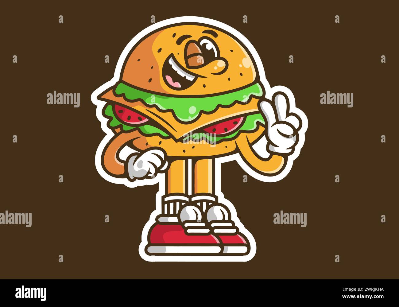 Simpatico personaggio della mascotte che raffigura un hamburger con il simbolo della pace a mano Illustrazione Vettoriale