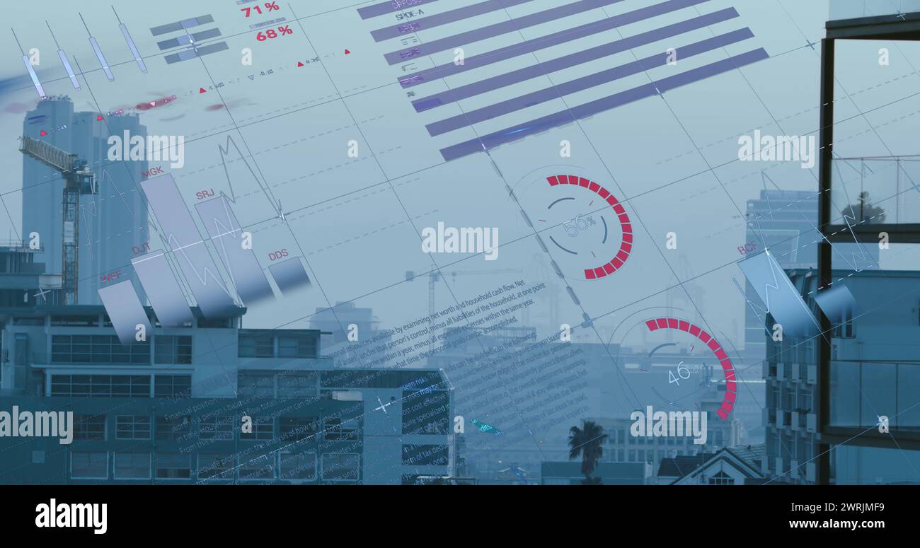 Immagine dell'elaborazione dei dati finanziari su un paesaggio urbano Foto Stock