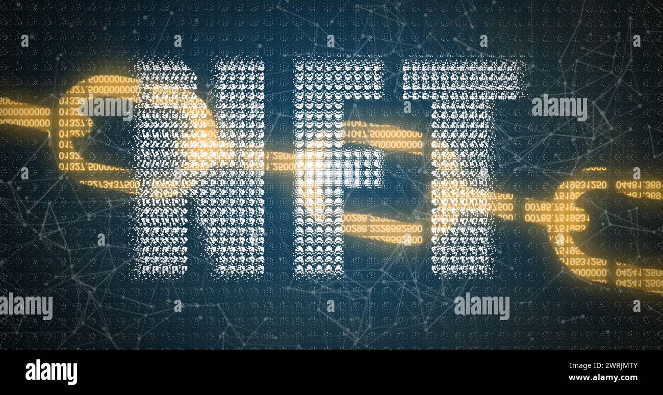 Banner di testo NFT sulla rete di connessioni e icona della catena di sicurezza su sfondo blu Foto Stock