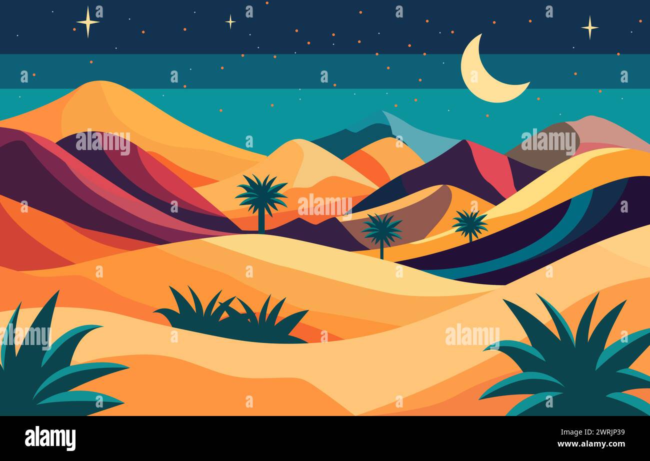 Illustrazione di design piatto delle dune nel deserto arabo con Crescent in cielo notturno Illustrazione Vettoriale