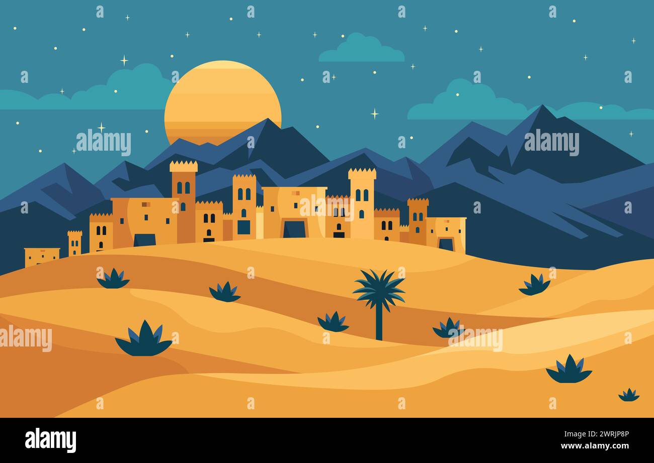Illustrazione di design piatto dell'antico palazzo nel deserto Arabico di notte Illustrazione Vettoriale