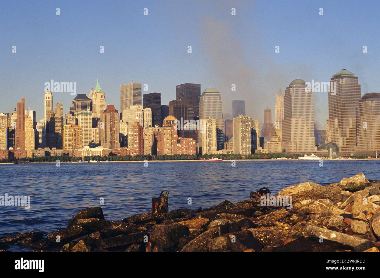 Etats unis New york 11 settembre tragedia skyline torri gemelle attacco Foto Stock