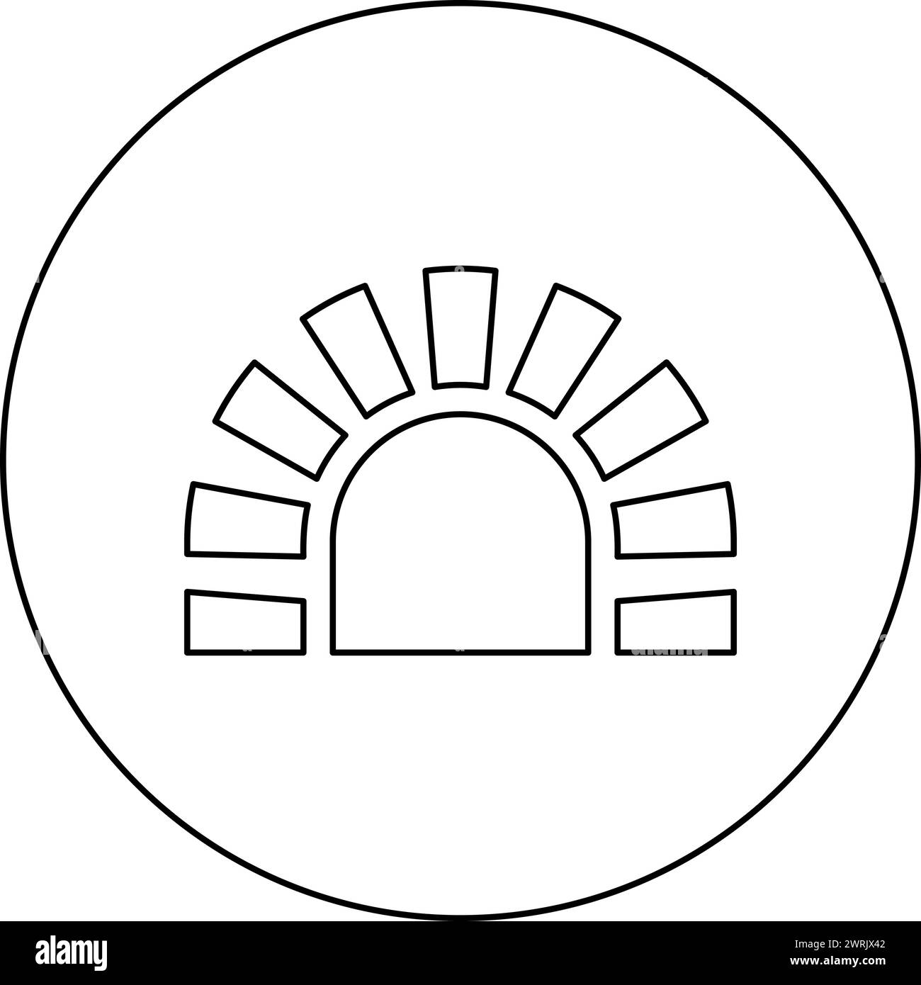 Piano cottura in pietra, caminetto in mattoni, caminetto per cucinare e forno da forno, icona tradizionale nell'immagine circolare di colore nero vettoriale Illustrazione Vettoriale