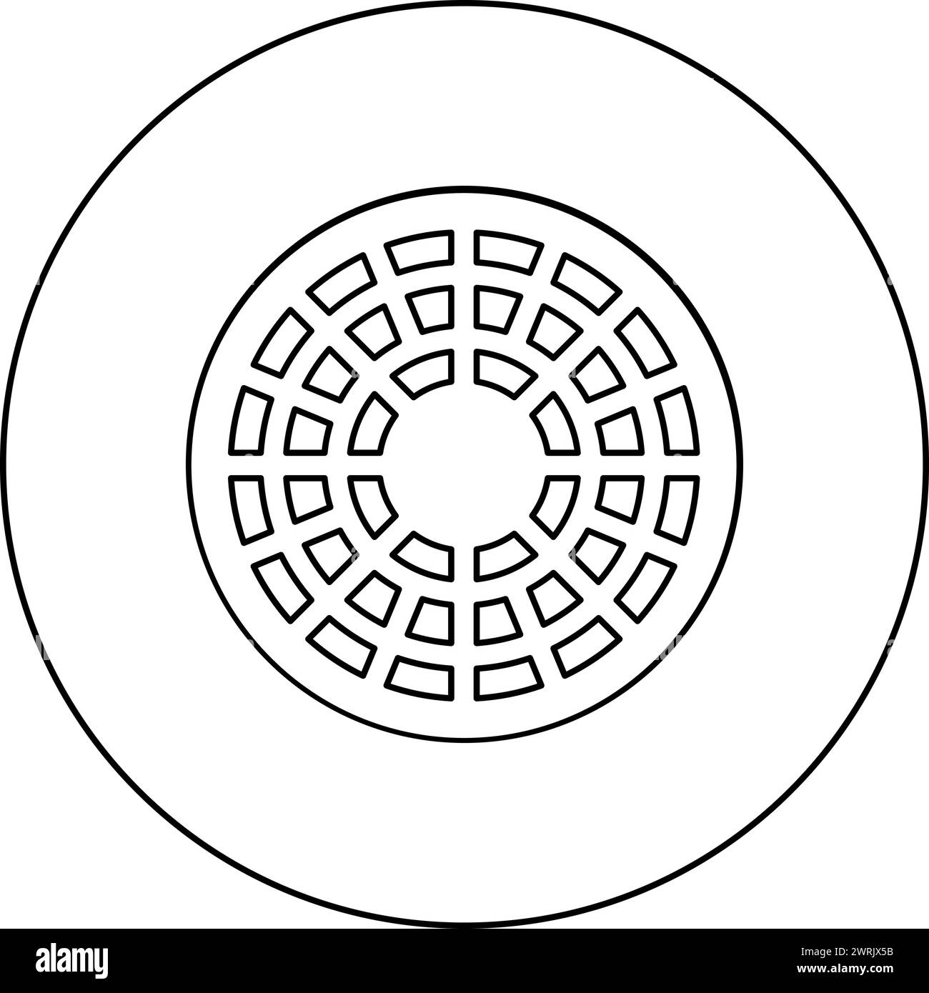 Icona del coperchio del portello fognario in cerchio, colore nero, illustrazione vettoriale, contorno della linea di contorno, stile sottile semplice Illustrazione Vettoriale