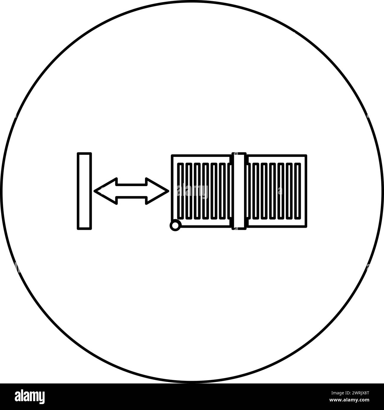 Icona del contenitore di ingresso del sistema di recinzione reticolare automatica dei cancelli scorrevoli in cerchio, colore nero, illustrazione vettoriale, contorno immagine linea sottile Illustrazione Vettoriale