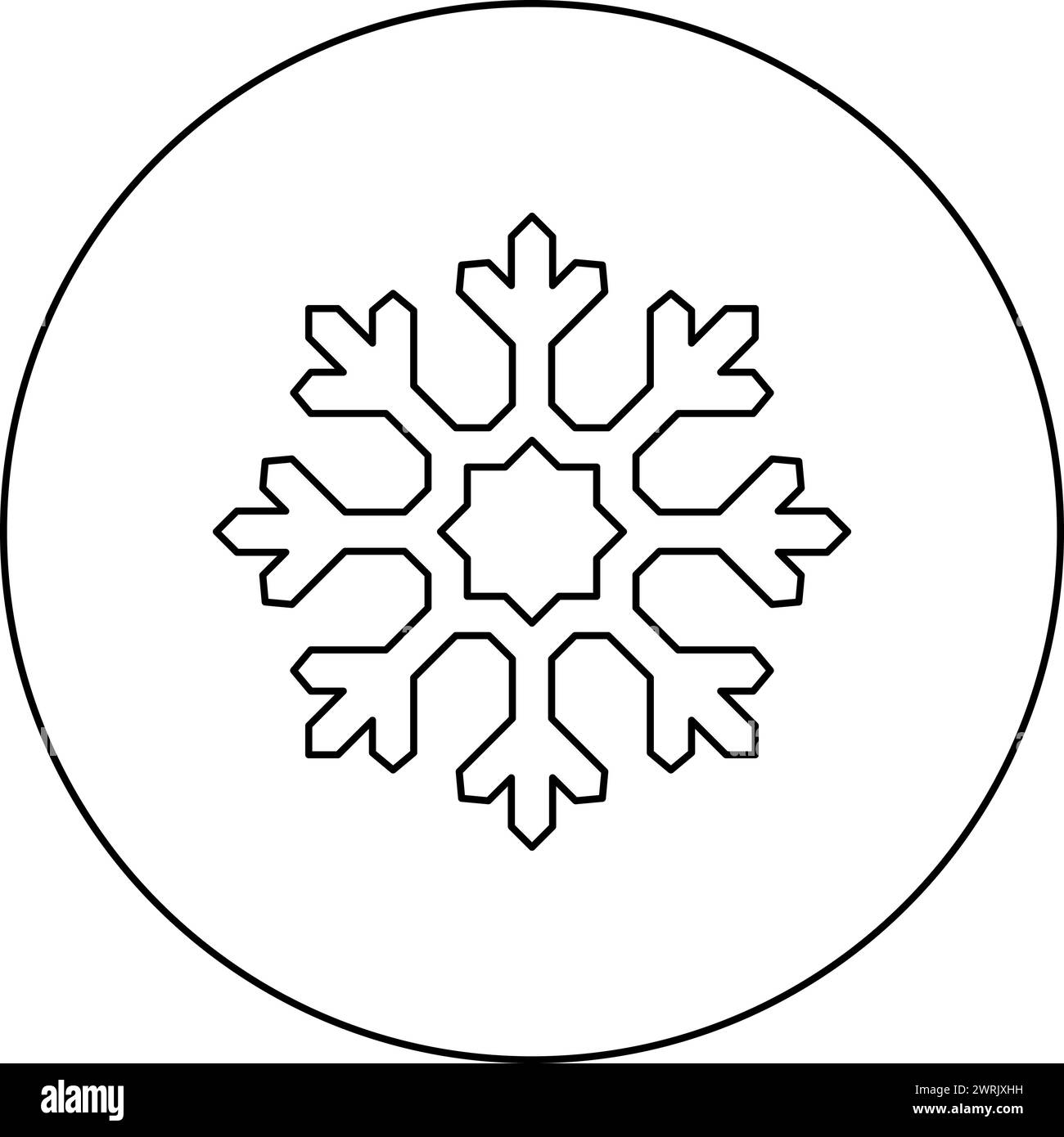 Icona del fiocco di neve in cerchio, colore nero, immagine vettoriale, contorno linea di contorno, stile sottile semplice Illustrazione Vettoriale