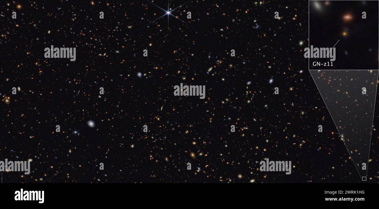 OUTER SPACE - 24 ottobre 2023 - questa immagine dallo strumento NIRCam (Near-Infrared camera) di Webb mostra una parte del campo MERCI-Nord delle galassie. Foto Stock