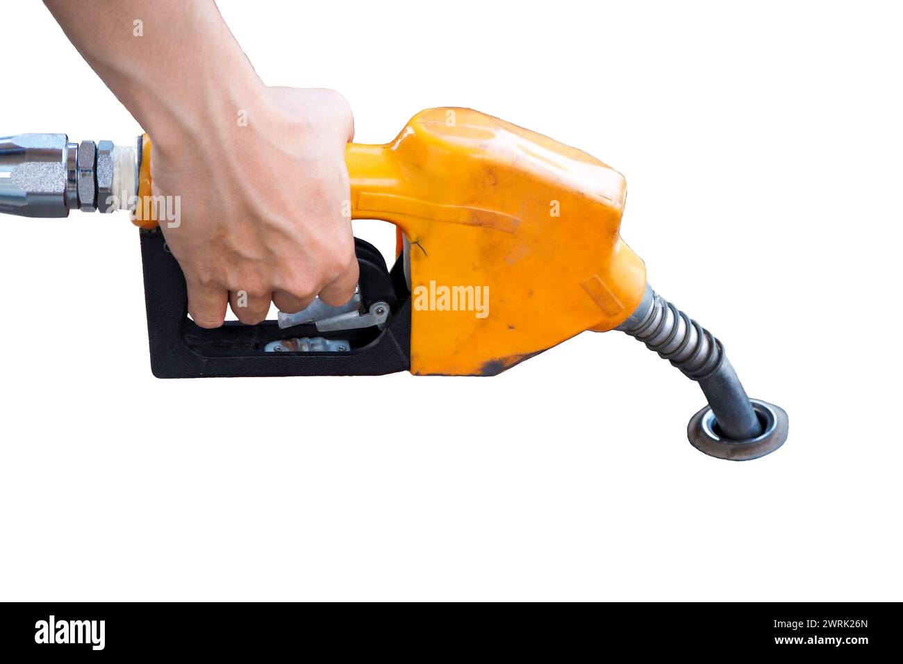Pompa del gas tenuta a mano con ugello, insieme a trapano, utensili e operaio in ambiente edile Foto Stock