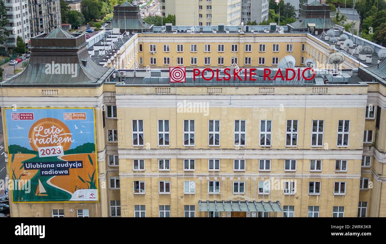 Sede centrale di Polskie radio - radio polacca, ente nazionale statale di radiodiffusione finanziato con fondi pubblici a Varsavia, Polonia Foto Stock