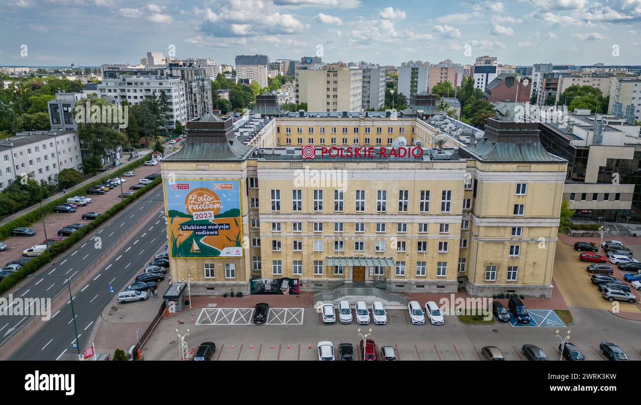 Sede centrale di Polskie radio - radio polacca, ente nazionale statale di radiodiffusione finanziato con fondi pubblici a Varsavia, Polonia Foto Stock