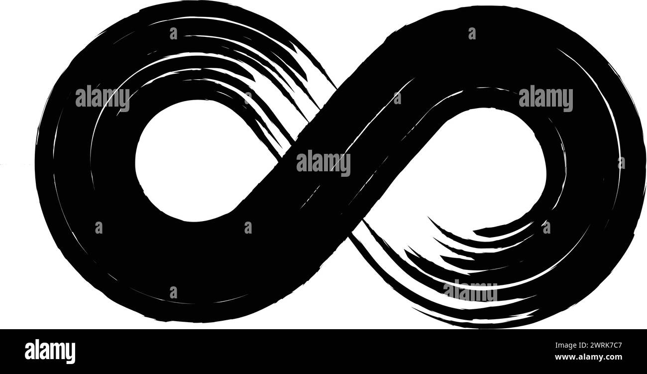 L'immagine in bianco e nero di un simbolo dell'infinito è una rappresentazione delle infinite possibilità e del potenziale della vita. I tratti e le linee del pennello di Illustrazione Vettoriale