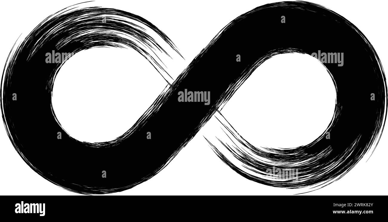 L'immagine in bianco e nero di un simbolo dell'infinito è una rappresentazione delle infinite possibilità e del potenziale della vita. I tratti e le linee del pennello di Illustrazione Vettoriale