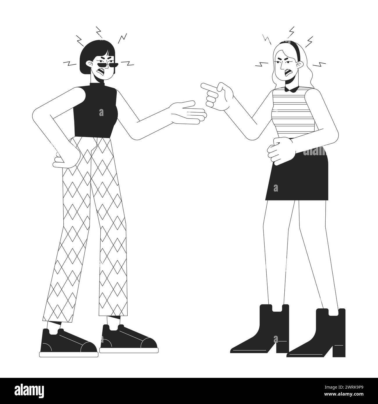 Due donne confronto fumetto bianco e nero illustrazione piatta Illustrazione Vettoriale