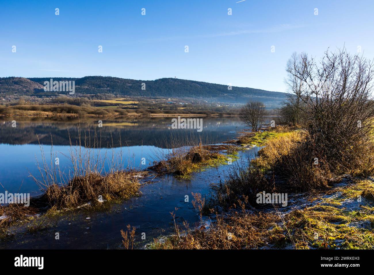 Etang des Lésines et Marais de Vaux sur le Plateau d'Hauteville en hiver Foto Stock