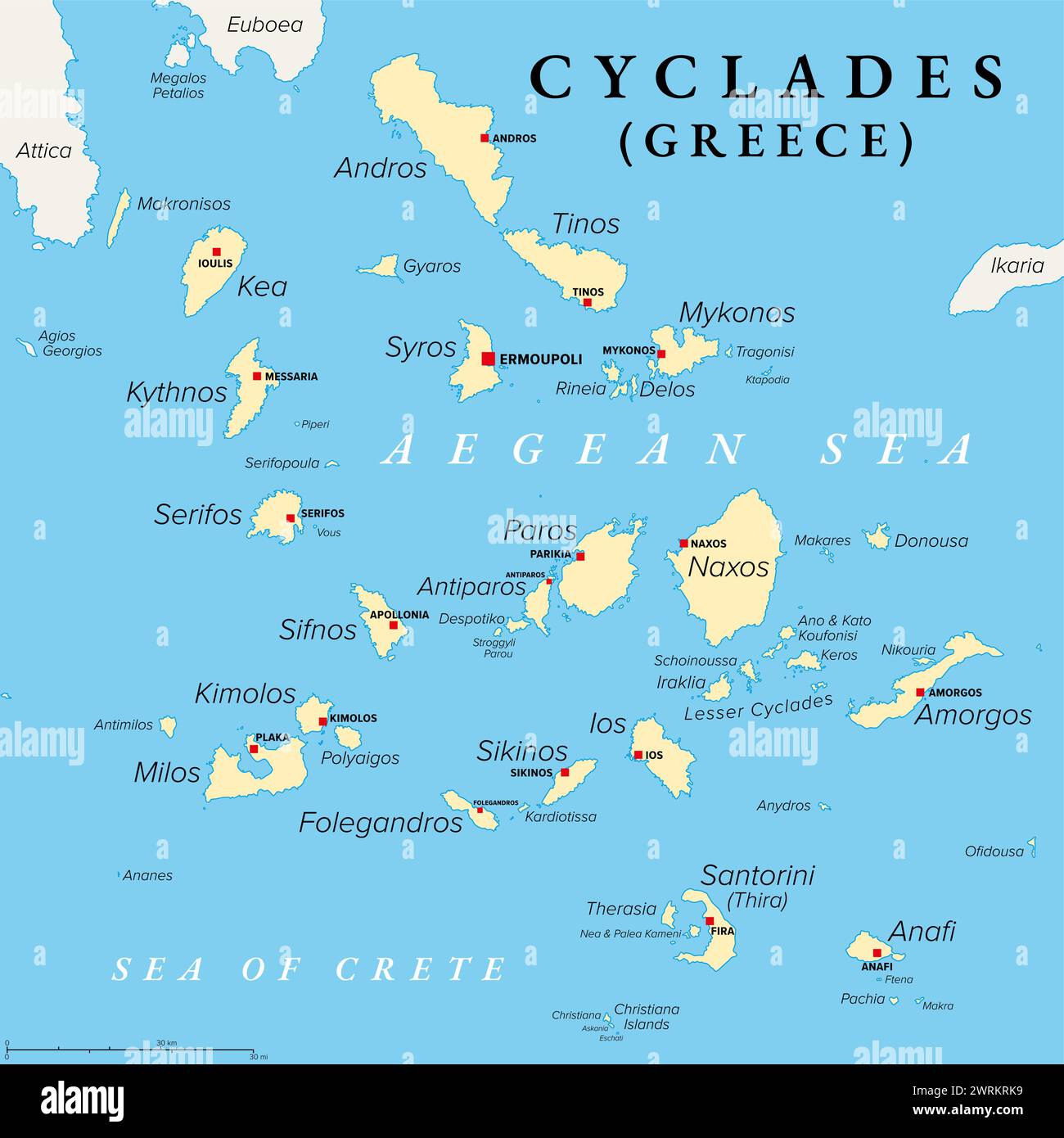 Cicladi, gruppo di isole greche nel Mar Egeo, mappa politica. Sud-est della Grecia continentale. Foto Stock