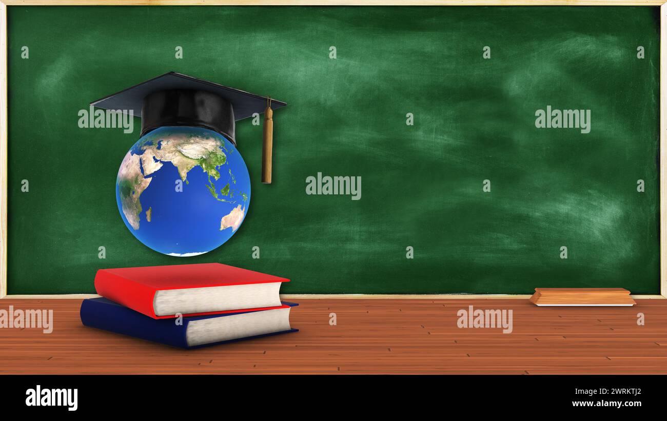 Global Business Education, berretto per laureati con Earth Globe Foto Stock