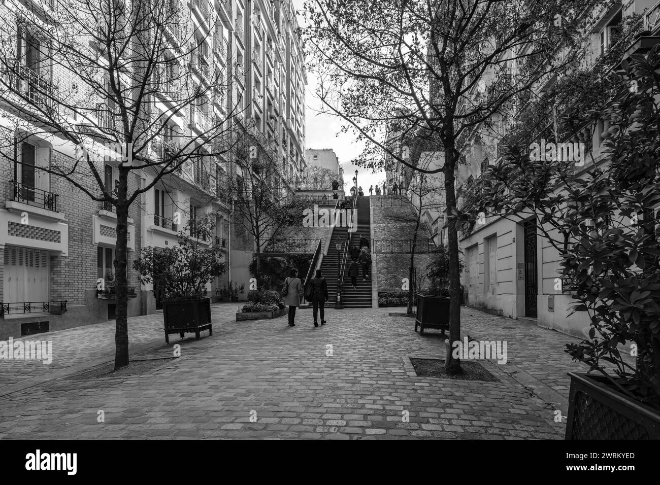 Parigi, Francia - 17 febbraio 2024 : Vista panoramica dei turisti che camminano su e giù per le pittoresche scale nell'area di Montmartre a Parigi Francia Foto Stock