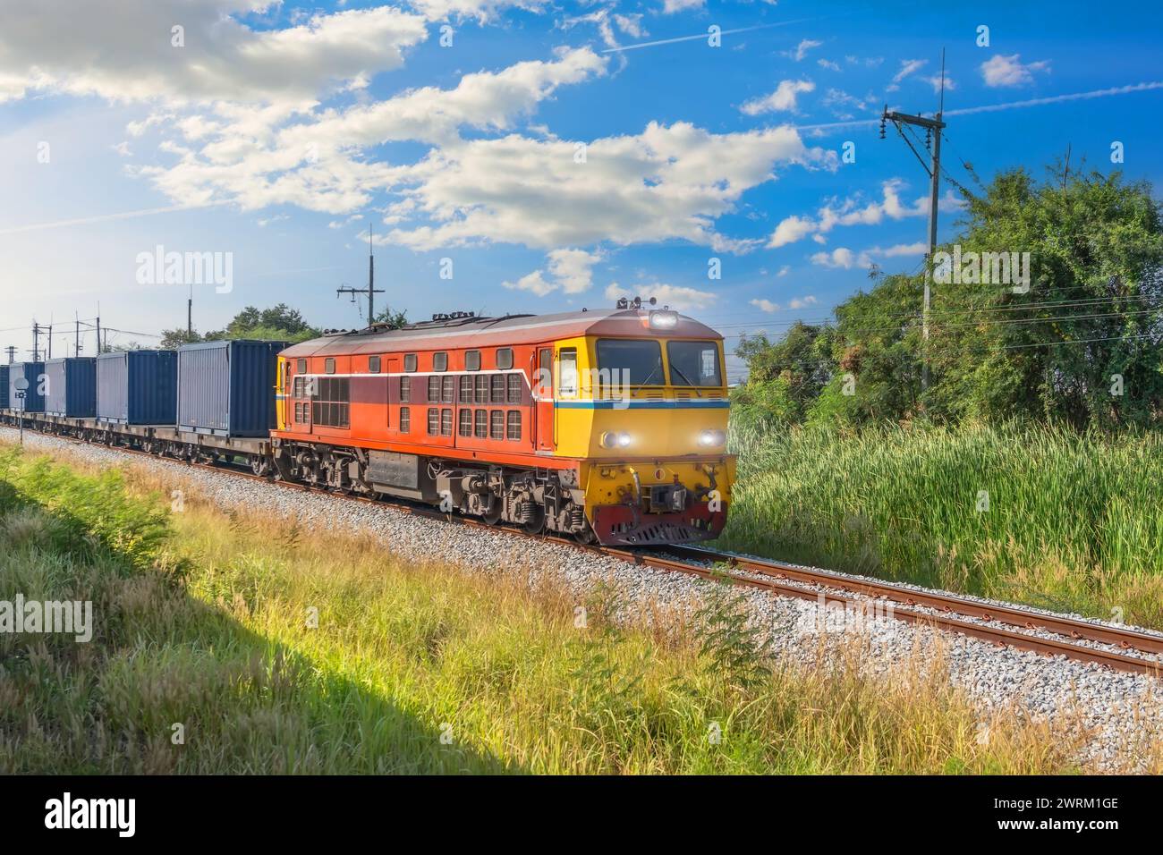 Vagoni merci, locomotiva a container, viaggia lungo la giornata di sole della ferrovia. Foto Stock