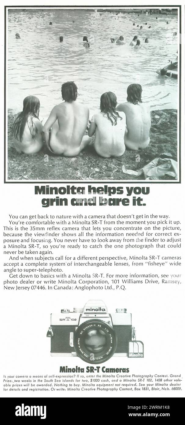 Minolta SR-T - 1974 - pubblicità della rivista Vintage americana degli anni '70 Foto Stock
