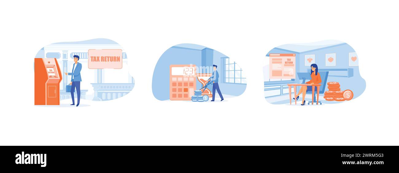 Un uomo d'affari deposita una moneta d'oro nella scatola delle imposte, un uomo d'affari di successo taglia le tasse con le forbici, un personaggio d'affari seduto al Workplace Desk con C. Illustrazione Vettoriale