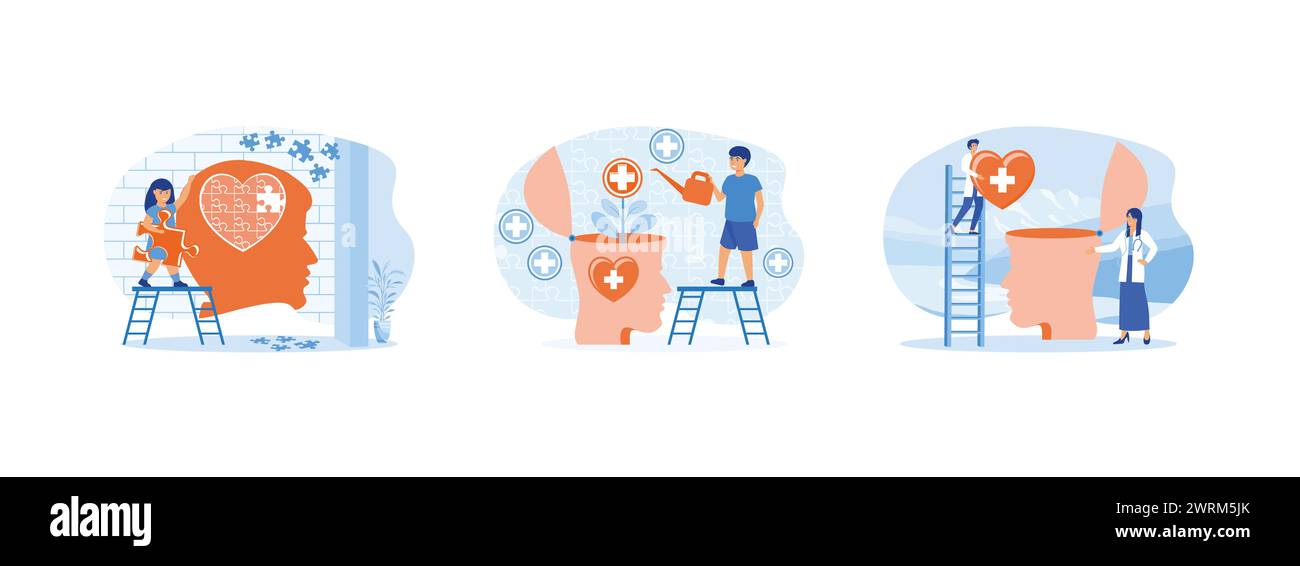 Concetto di salute mentale. Giornata mondiale della salute mentale. Trattamento medico per la salute mentale. La salute mentale imposta vettore piatto illustrazione moderna Illustrazione Vettoriale