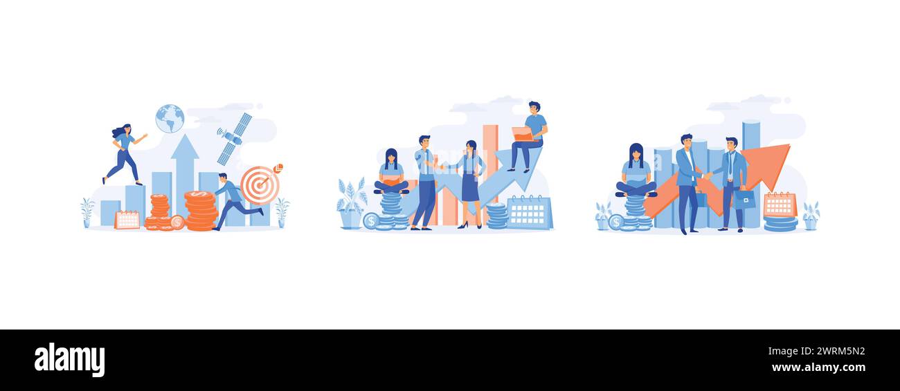 Professionisti che lavorano in team, crescita aziendale, partnership, lavoro di squadra, sito Web della landing page aziendale di destinazione. Set di crescita aziendale mod. Vettoriale piatto Illustrazione Vettoriale