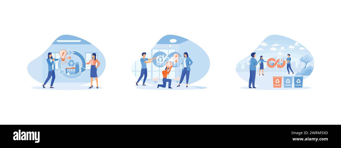 Economia circolare. Le persone riciclano i consumi sprechi e gestiscono l'energia in modo efficiente. Produzione di energia ecocompatibile. Economia circolare 2 Imposta vettore piatto Illustrazione Vettoriale