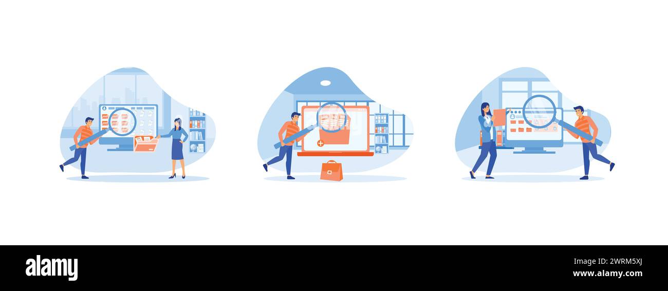 Concetto di cloud computing, data center, gestione dei file, archiviazione e indicizzazione delle informazioni, ricerca e indicizzazione dei documenti dei file da parte dei dipendenti. Storage s Illustrazione Vettoriale