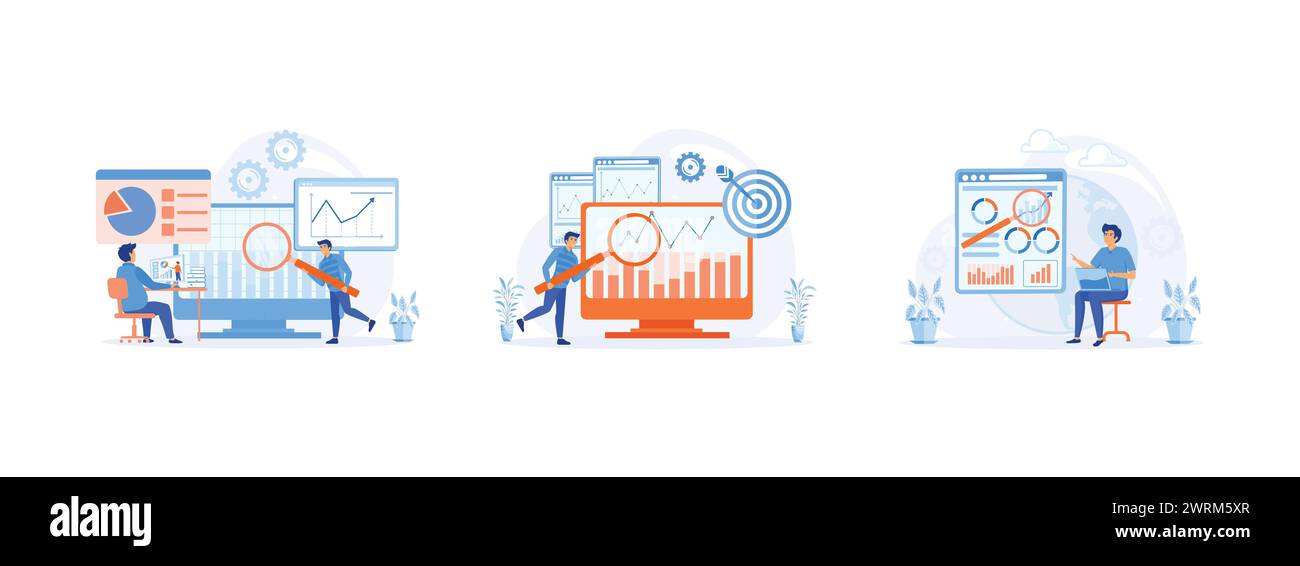 Analisi statistica e dei dati per gli investimenti finanziari, dell'analista dei dati di controllo dei lavoratori, business basato sui dati, strategia completa, nuova modalità economica Illustrazione Vettoriale