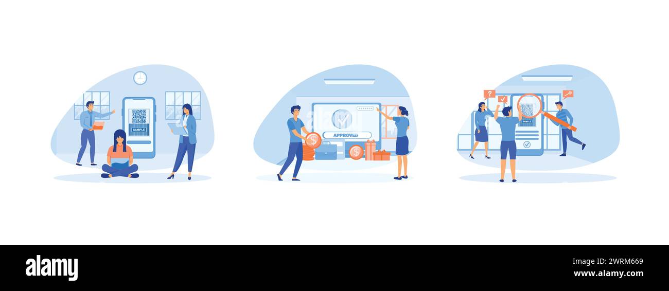 Pagamento online. Servizi bancari e di pagamento online su dispositivi mobili.persone che eseguono la scansione di codici qr per il pagamento tramite smartphone. Pagamento online 1 set vettoriale piatto moderno Illustrazione Vettoriale