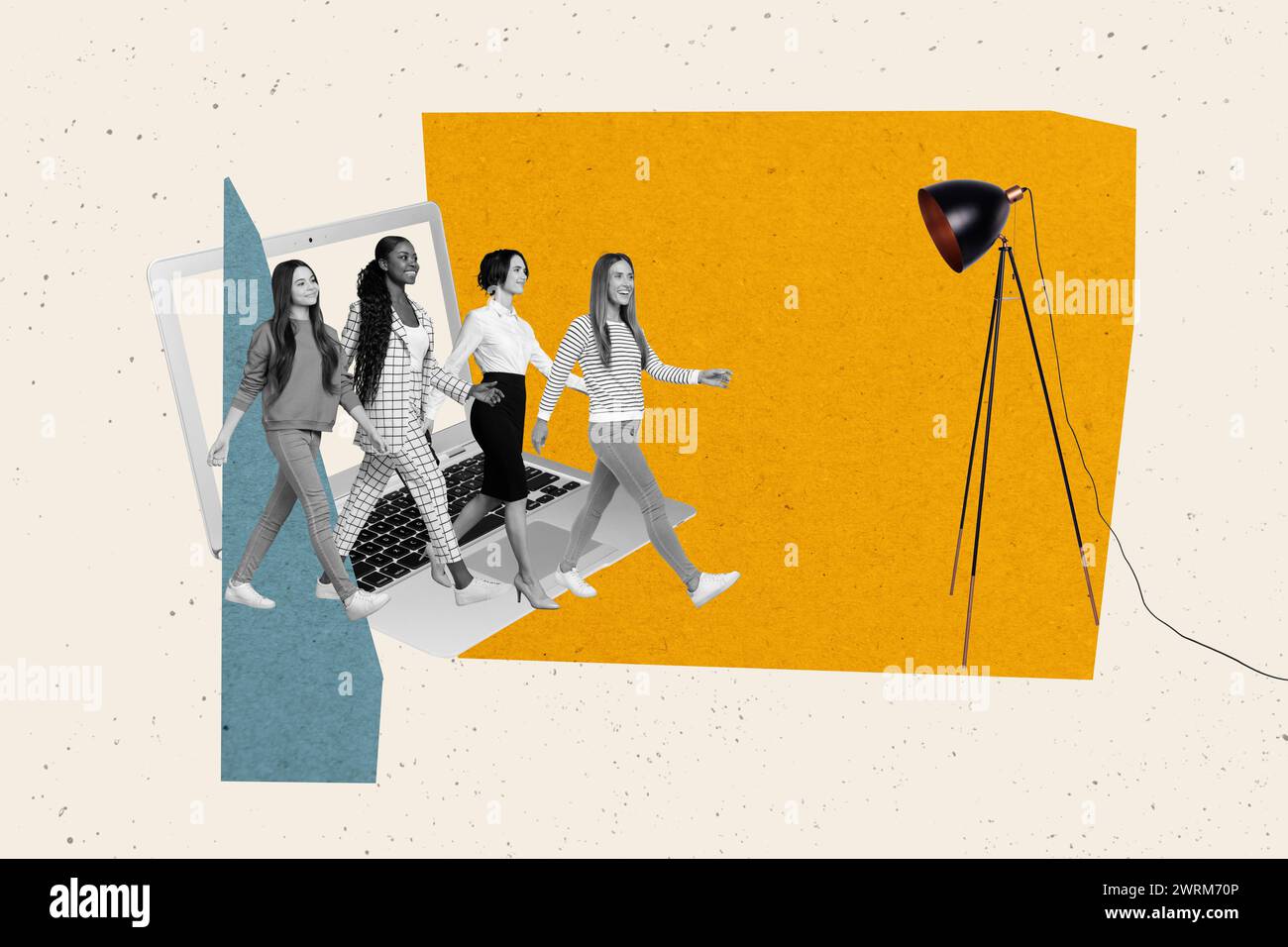 Collage fotografico immagine creativa giovani donne di gruppo camminano colleghi dipendenti persistente sicuro di raggiungere il target di destinazione lampada per laptop sfondo del disegno Foto Stock