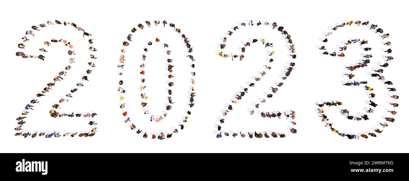 Concetto o grande comunità concettuale di persone che formano 2023 anno. 3d metafora illustrativa per celebrazione, festa, festa, speranza, futuro, prosperità Foto Stock