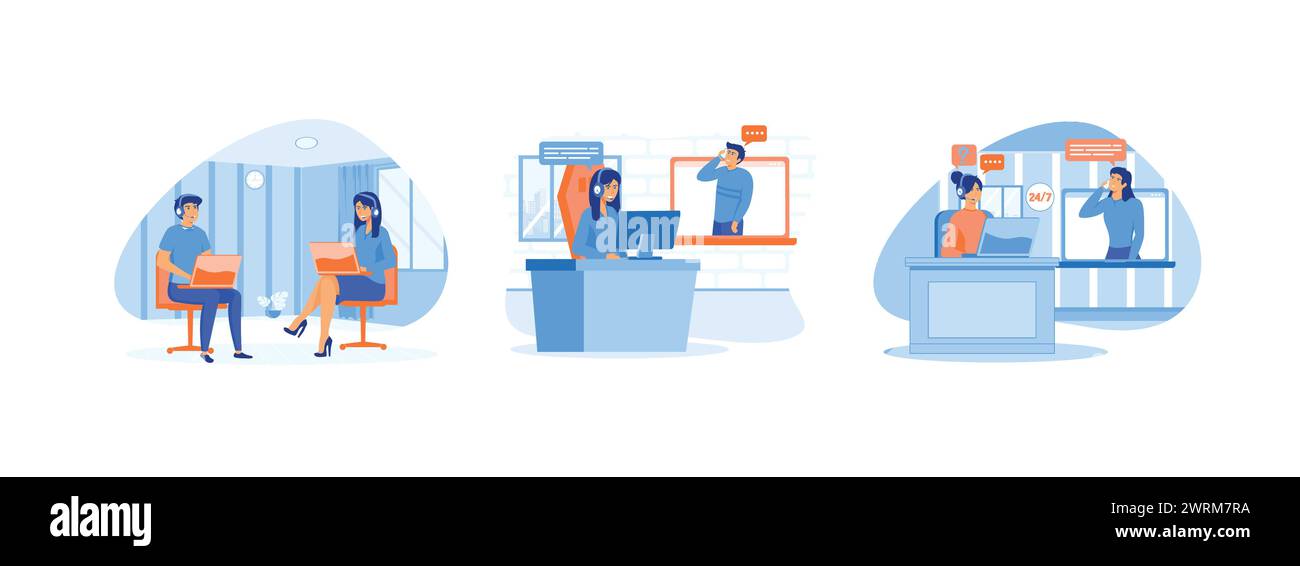 Uomo e donna con notebook comunica con il cliente, il supporto tecnico globale online, i clienti e gli operatori, Girl in Headsets comunica con cl Illustrazione Vettoriale