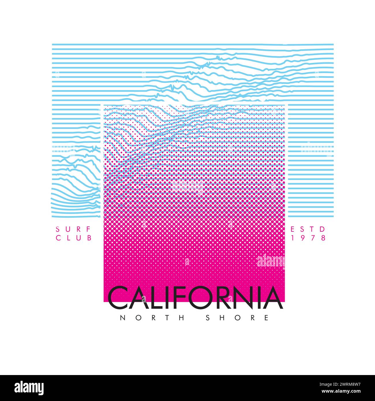 Summer Graphic California North Shore surf club tipografia gradiente contorno Dot Wave sfondo bianco T-shirt grafica Stampa grafica poster vettoriale Illustrazione Vettoriale