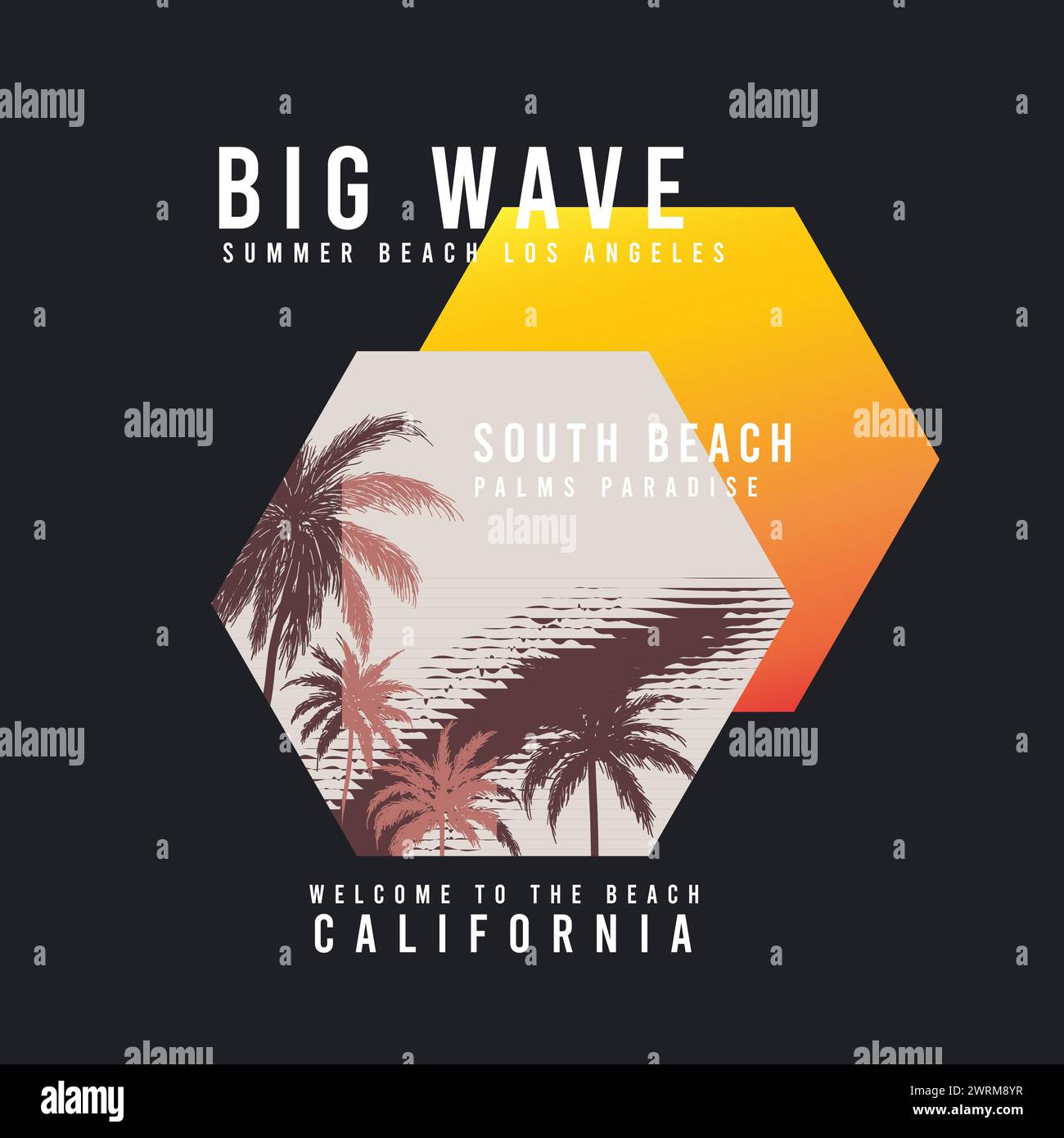 Summer Graphic California Big Wave Summer Beach Los angeles South Beach Typographic Gradient poster T shirt Graphic Print Design Vector Illustrazione Vettoriale