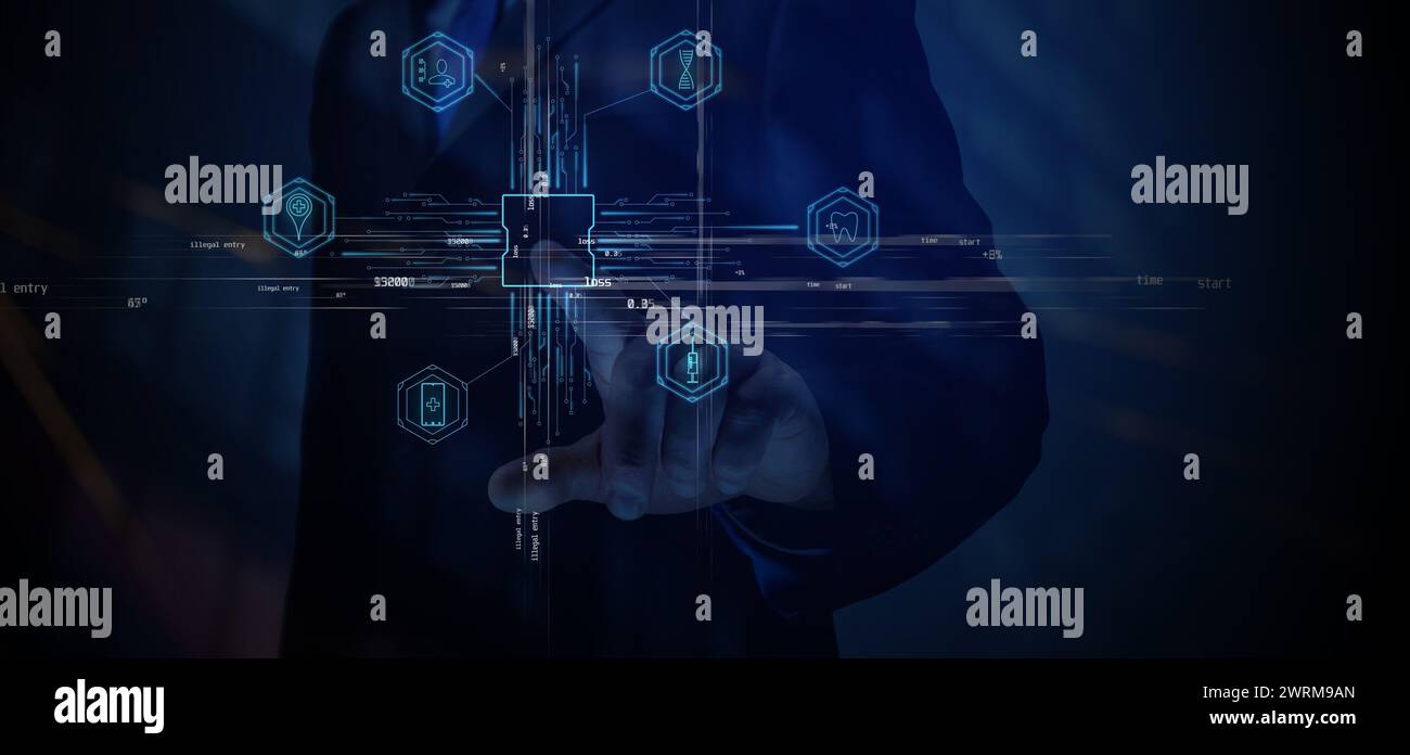 Collage tecnico CG. Un uomo d'affari tocca con il dito indice un punto sullo schermo in cui vengono visualizzati i simboli grafici e i diagrammi del lavoro dei database ai Foto Stock