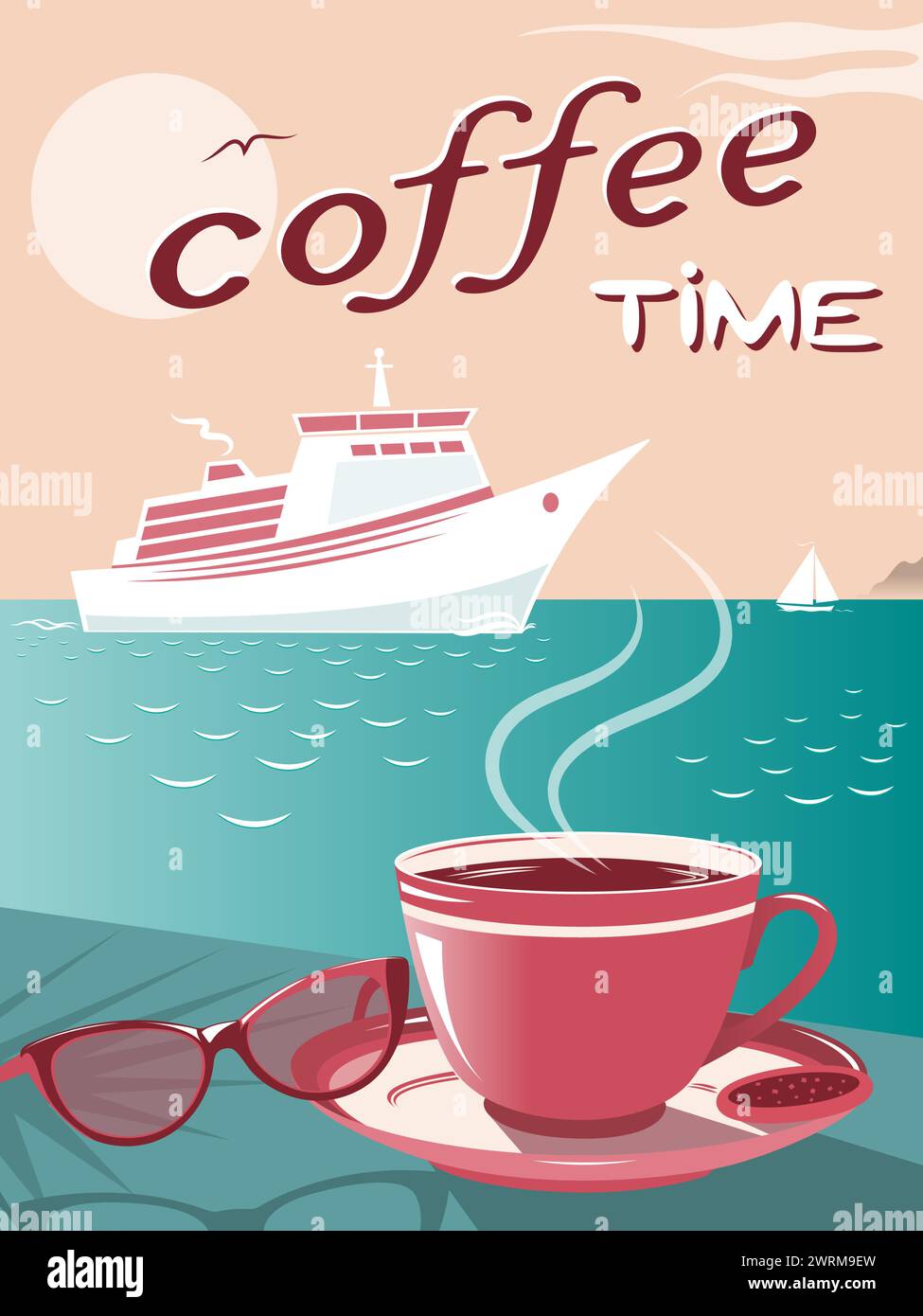 Poster dell'ora del caffè con tazza di caffè sullo sfondo del mare, design vettoriale delle vacanze estive Illustrazione Vettoriale
