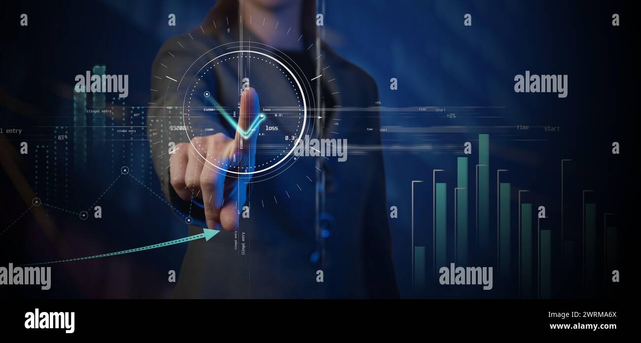 Collage tecnico CG. Una donna d'affari tocca con il dito indice un punto sullo schermo in cui vengono visualizzati i simboli grafici e i diagrammi del funzionamento di ai da Foto Stock