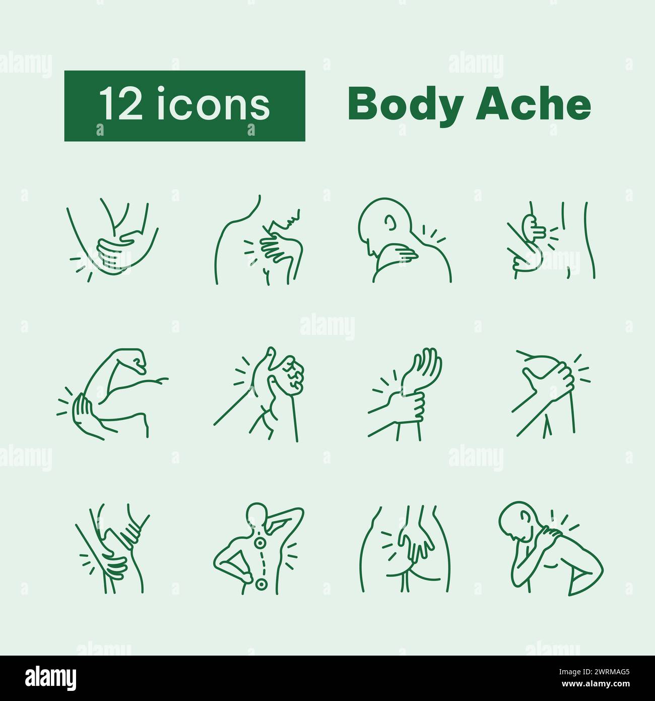 Set di icone Body Ache con stile icona contorno Illustrazione Vettoriale
