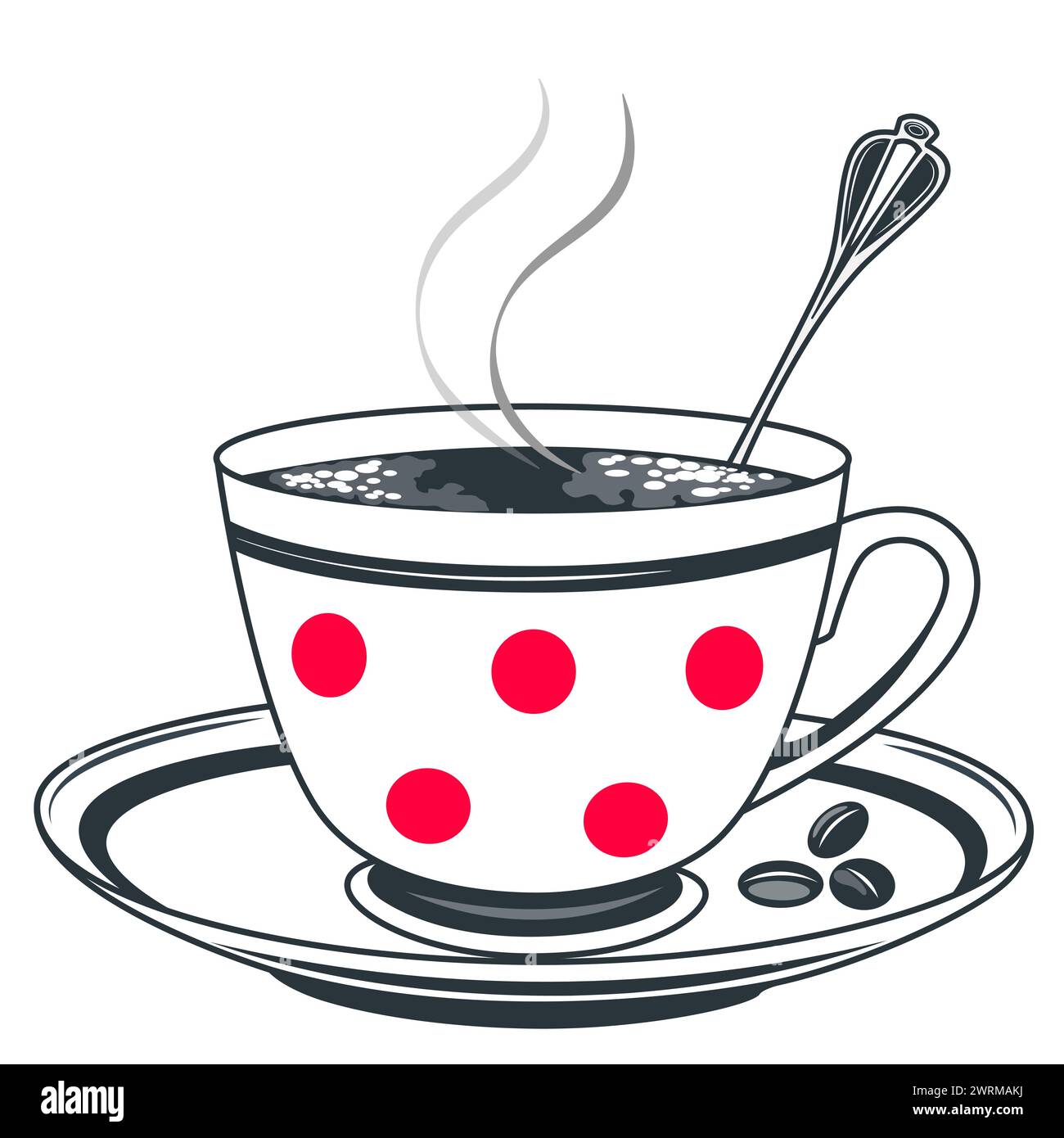 Tazza di caffè calda su un piattino con immagine vettoriale isolata dai fagioli Illustrazione Vettoriale