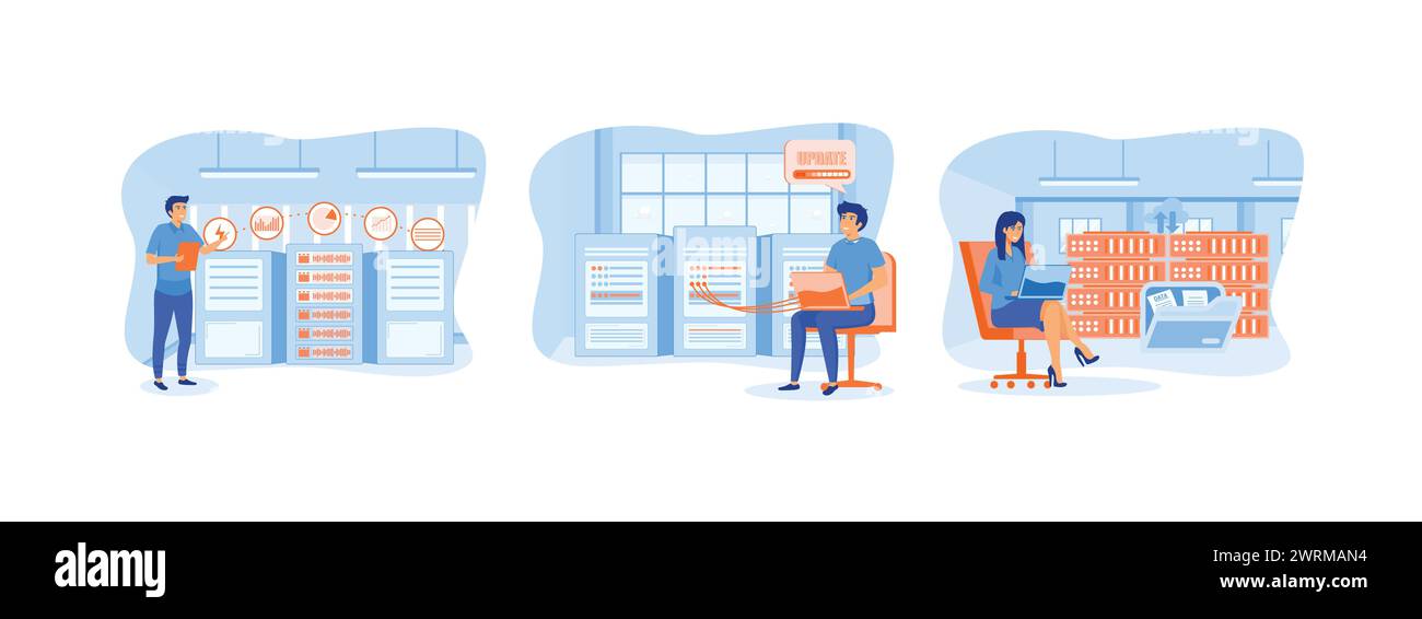 Manutenzione dei server con strumenti di monitoraggio. aggiornamenti e ottimizzazione dei sistemi informatici. Imposta il cloud computing nella sala rack server. Manutenzione del server Illustrazione Vettoriale