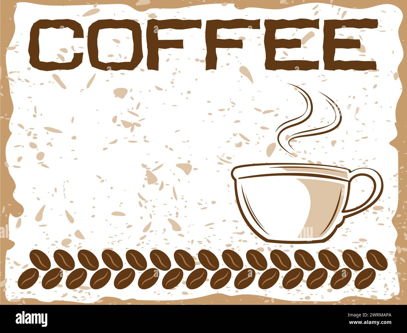 Striscione con tazza di caffè calda e immagine vettoriale con grani grunge Illustrazione Vettoriale