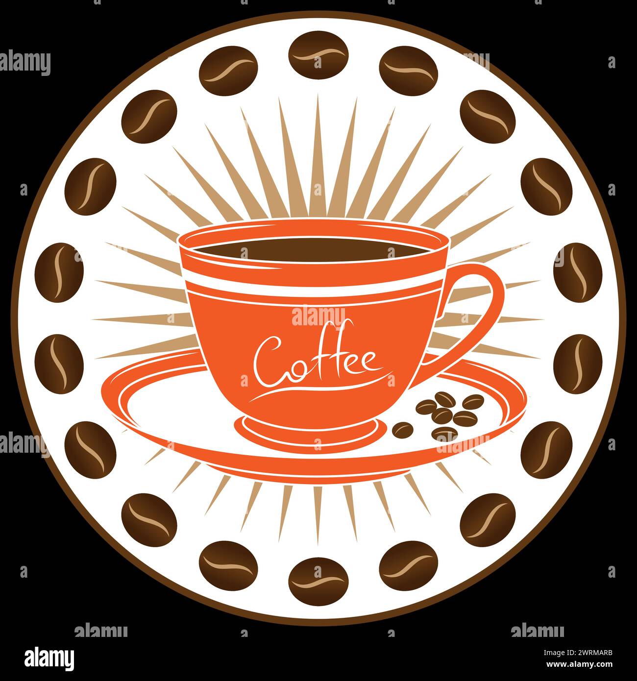 Tazza di caffè in un cerchio di segni decorativi vettoriali per i coffee shop, con logo isolato Illustrazione Vettoriale